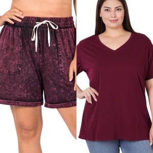 Burgundy Mineral Wash Drawstring Cuffed Short Set